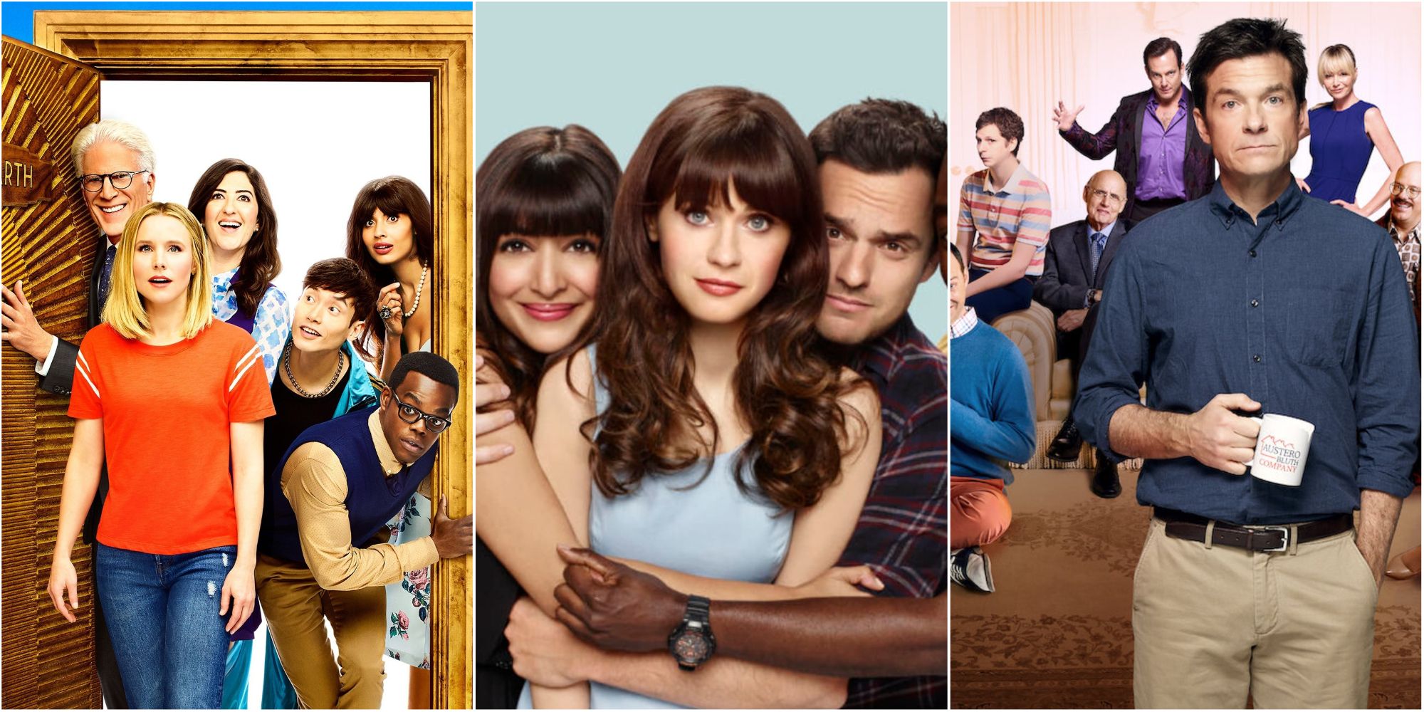 Three way split gird of promo shots from The Good Place, New Girl, and Arrested Development.