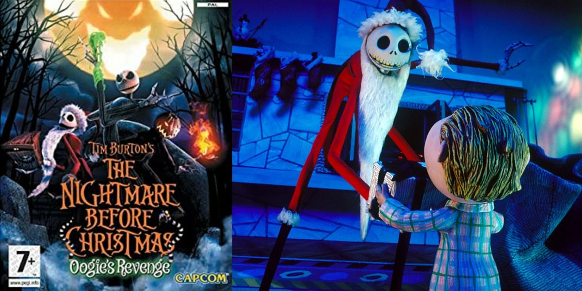 Nightmare Before Christmas Oogie's Revenge game cover next to Jack Skellington dressed as Santa handing a present to a little boy