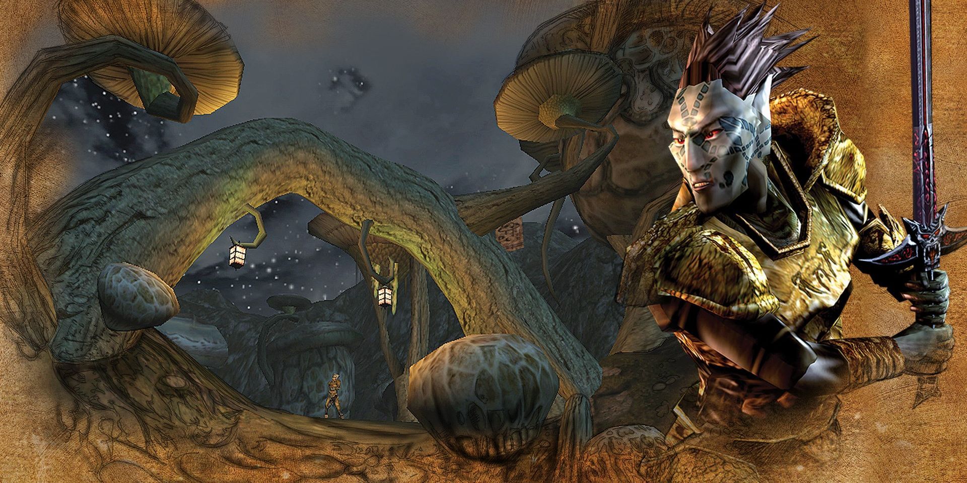 screensaver-style art showing an environment and a character from Morrowind