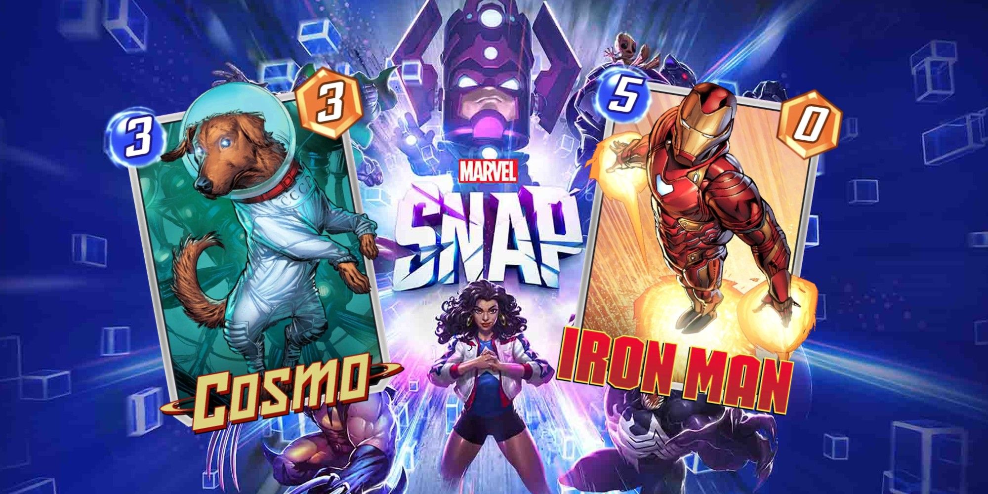 cosmo and iron man in front of the marvel snap logo