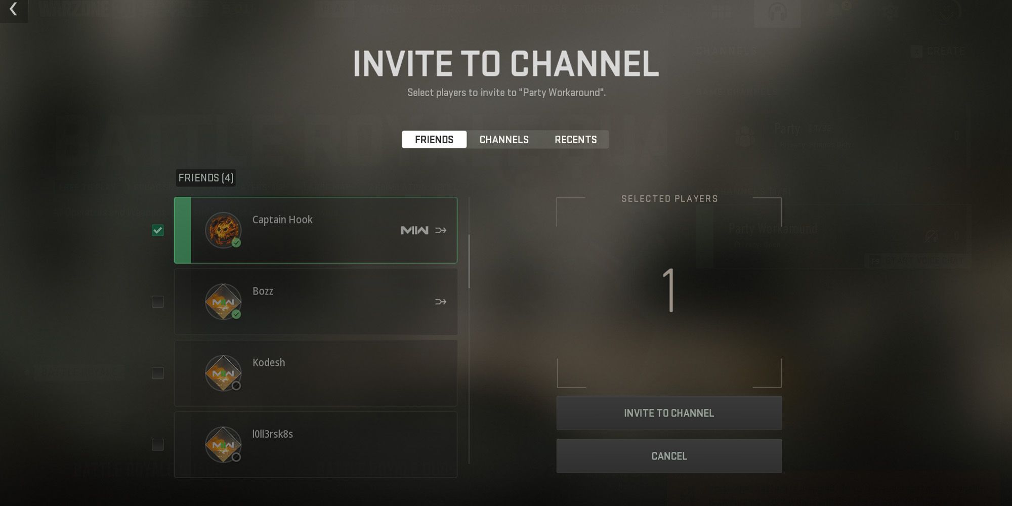 invite friends to MW2 party through channel menu