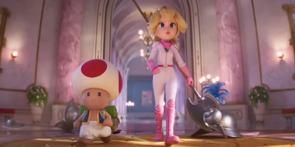 peach with a weapon with toad in super mario bros movie