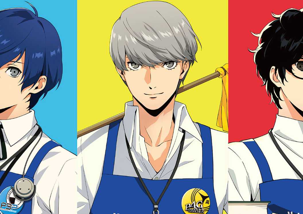 Persona x Village Vanguard P3P P4G P5R protagonists clerks illustration