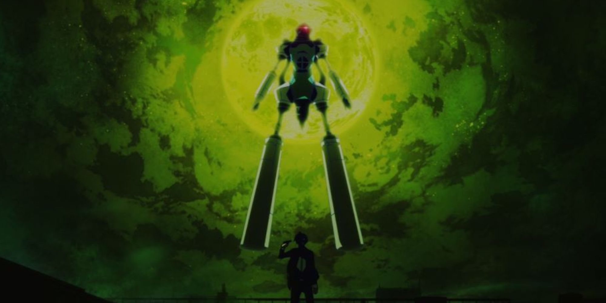The tall Persona Orpheus looming above the Persona 3 protagonist, a green full moon behind keeping them in shadows. 