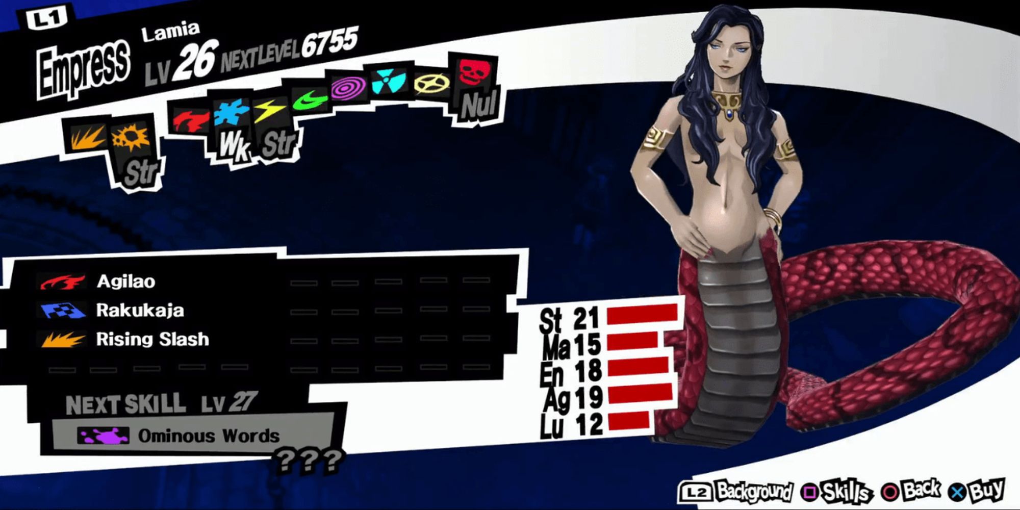 The half woman half snake Persona Lamia as featured in Persona 5, with her stats and abilties