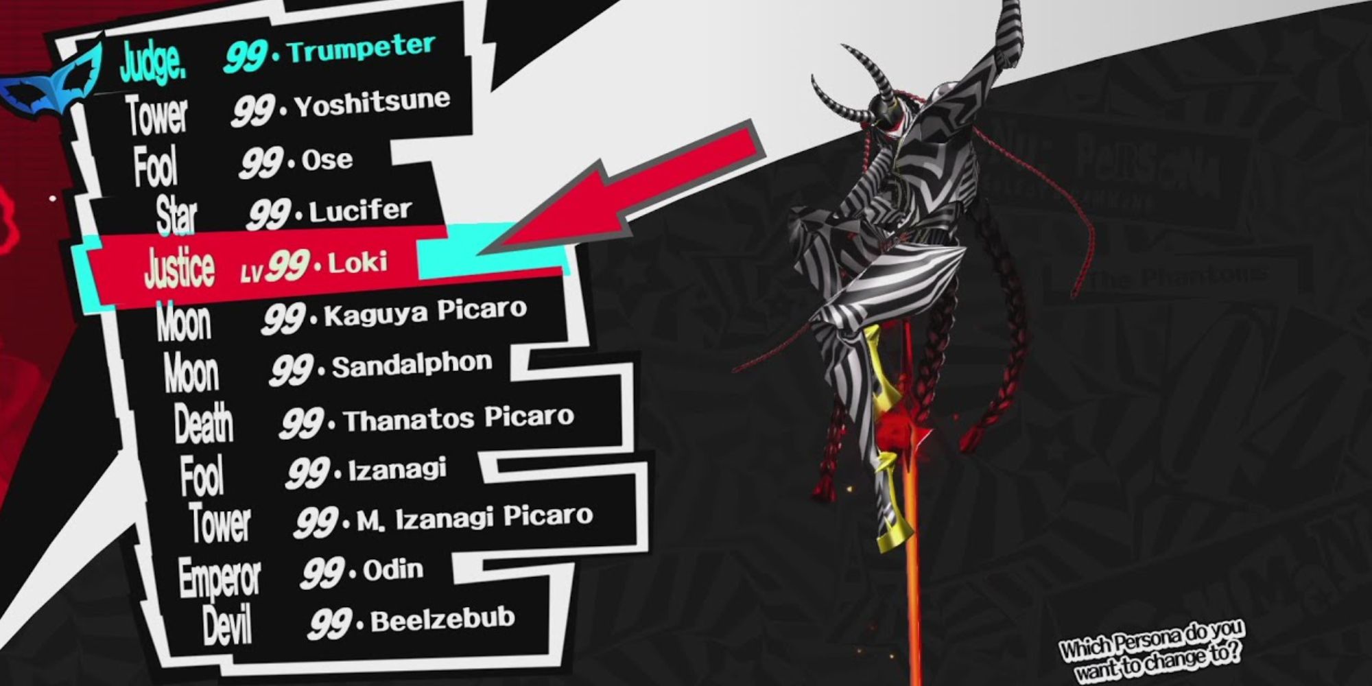 The black and white trickster Persona, balancing on a large pole with a list of other powerful personas to the left. 