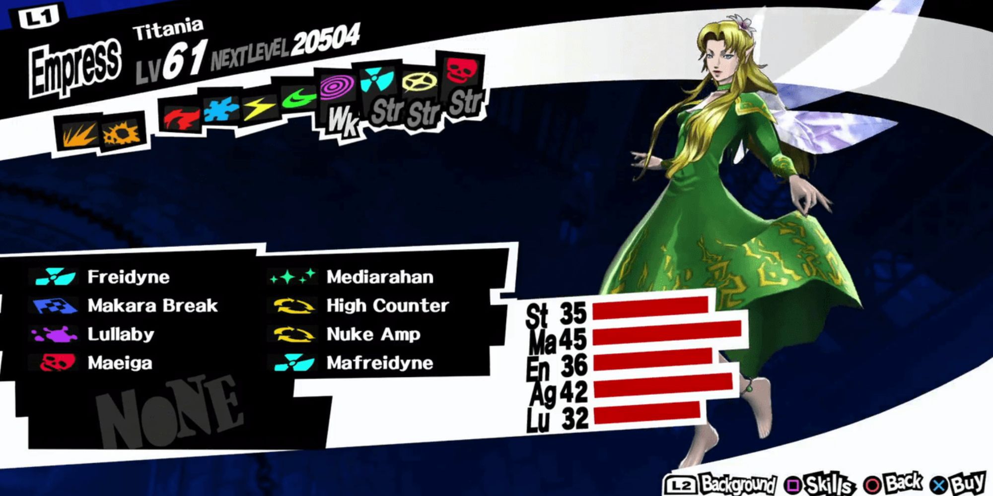 The blonded-haired Persona stands daintily with her skirt pinched in one hand, her abilities and stats in a box to the left. 