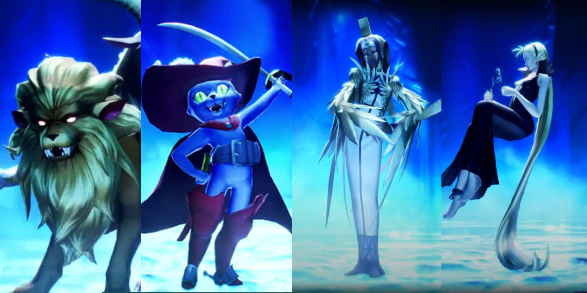 Chimera, Cait Sith, Isis and Leanan Sidhe from Persona 5, bathed in the blue light of the Velvet Room