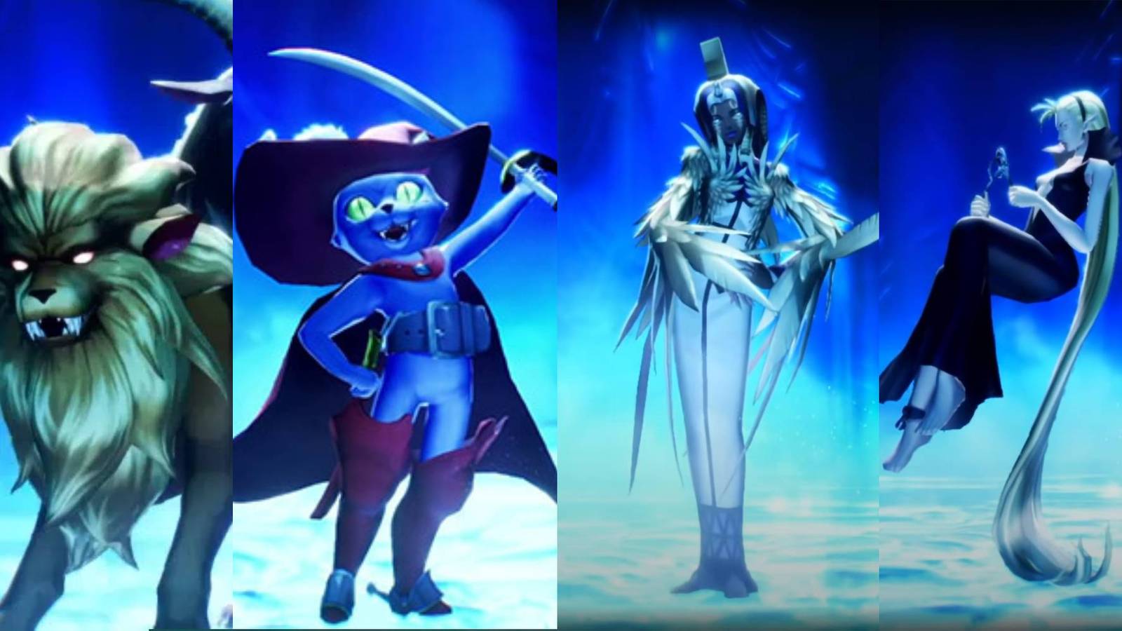 Chimera, Cait Sith, Isis and Leanan Sidhe from Persona 5, bathed in the blue light of the Velvet Room