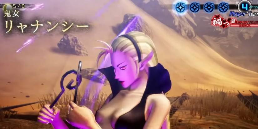 A blonde women in a low-cut black dress stares at to spiral hooks in her hands, a sandy desert in the background. 