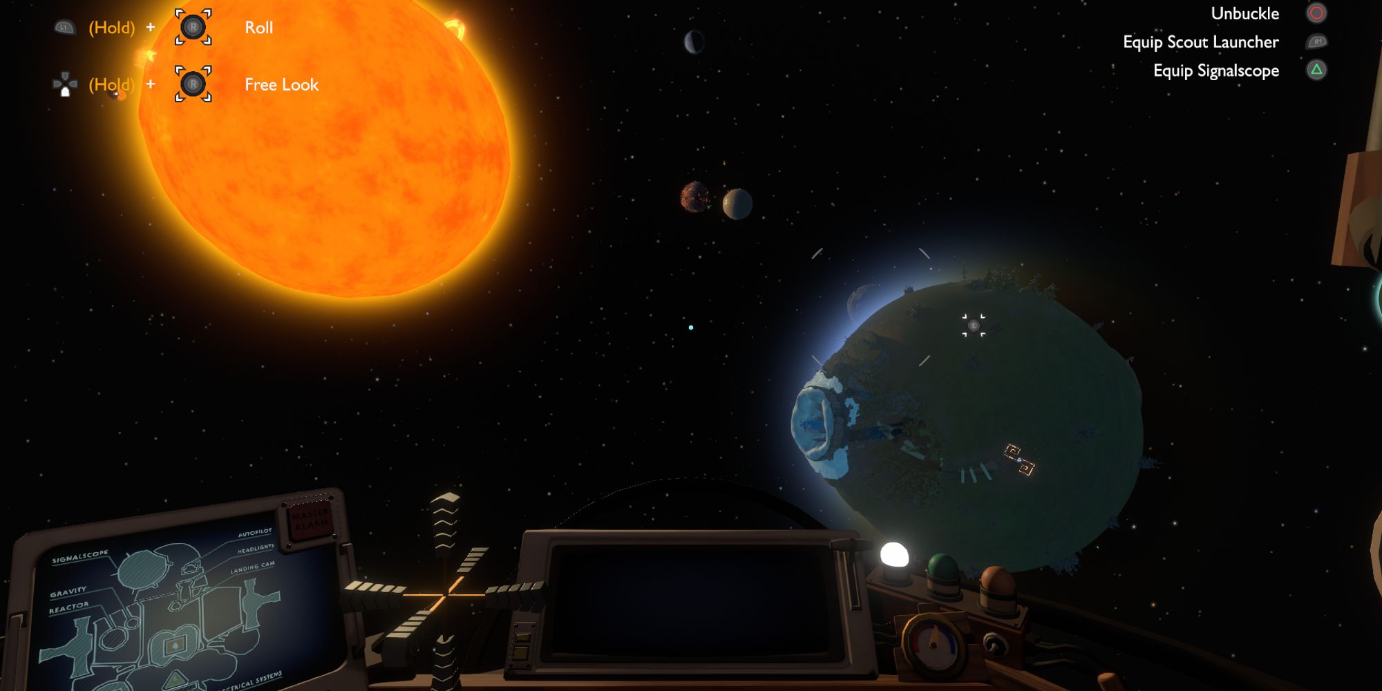 Pilot sits in cockpit and looks at a planet close to a sun in Outer Wilds