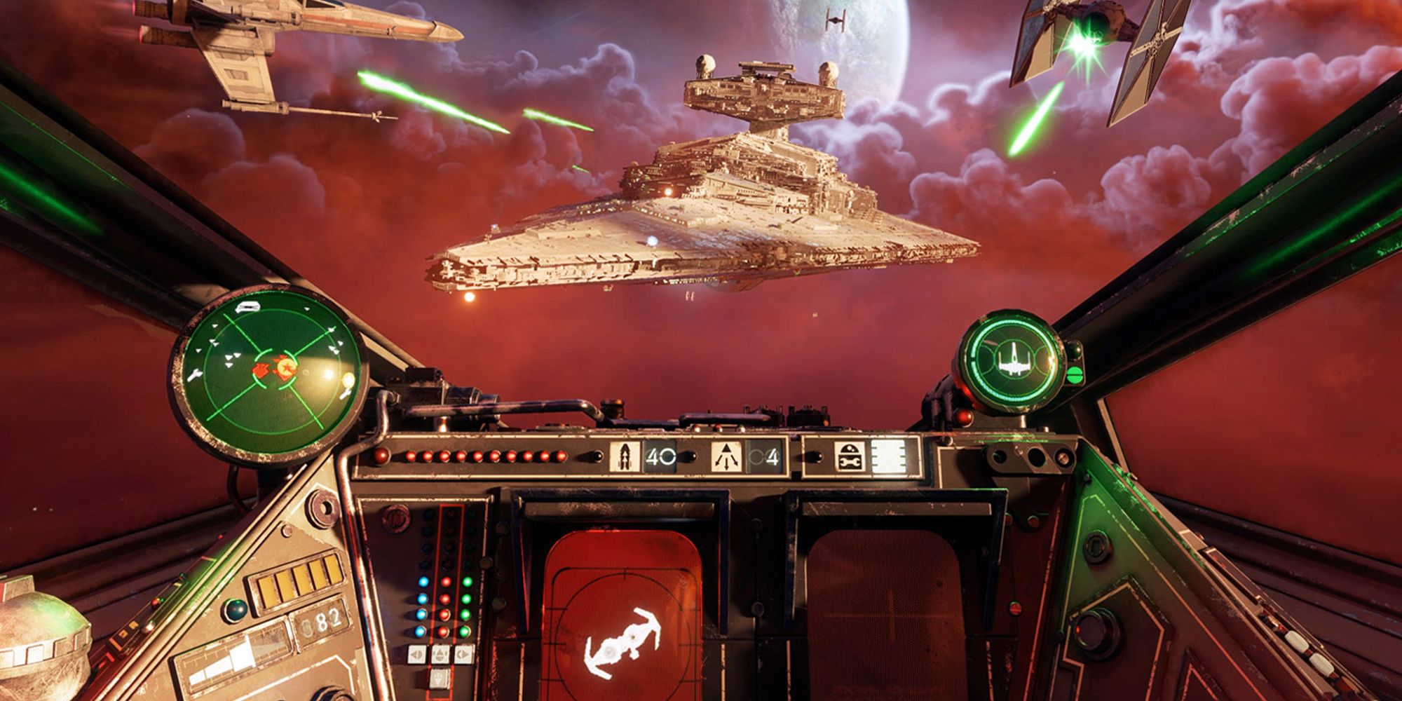 Pilot watches a battle between an X-Wing and Tie Fighter, while a Star Destroyer flies behind in Star Wars Squadron