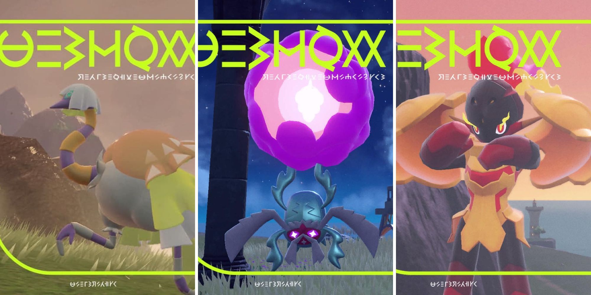 A grid of three psychic type pokemon from the game Pokemon Scarlet and Violet 
