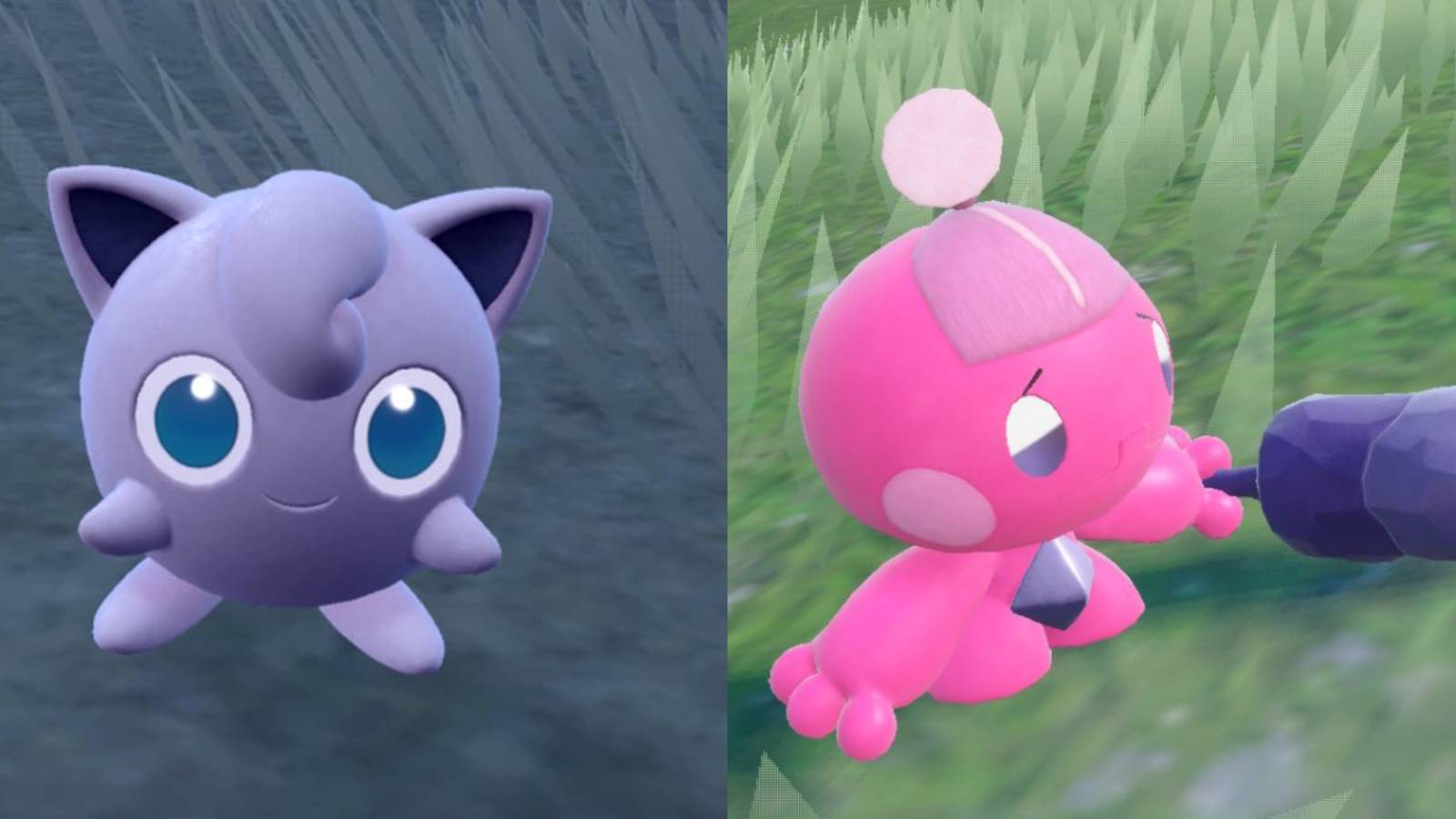 split image of Jigglypuff and Tinkatink in Pokemon Scarlet & Violet