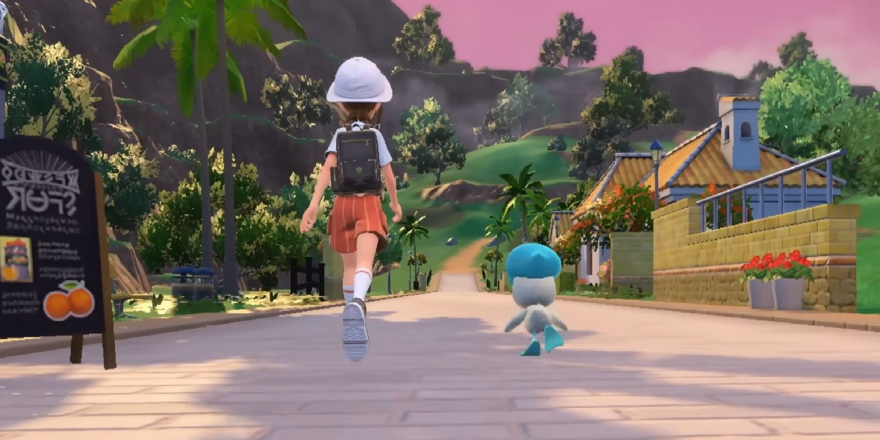 Trainer walking with starter Quaxly in Pokemon Scarlet and Violet