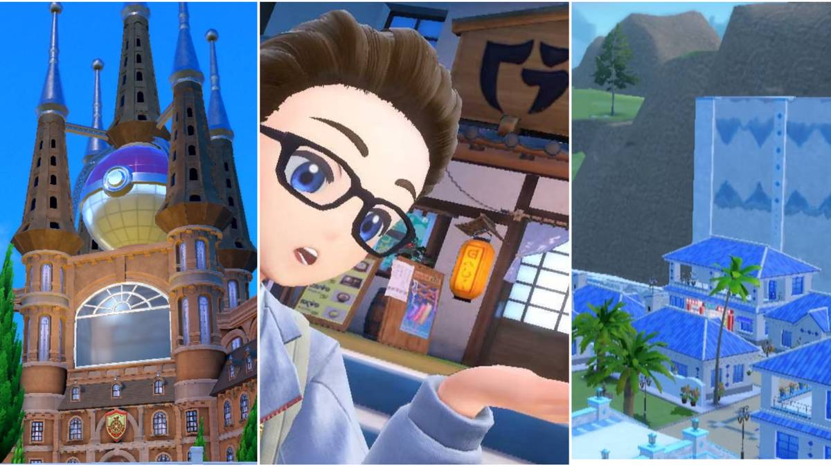 Three-way split grid of towns in Pokemon Scarlet and Violet