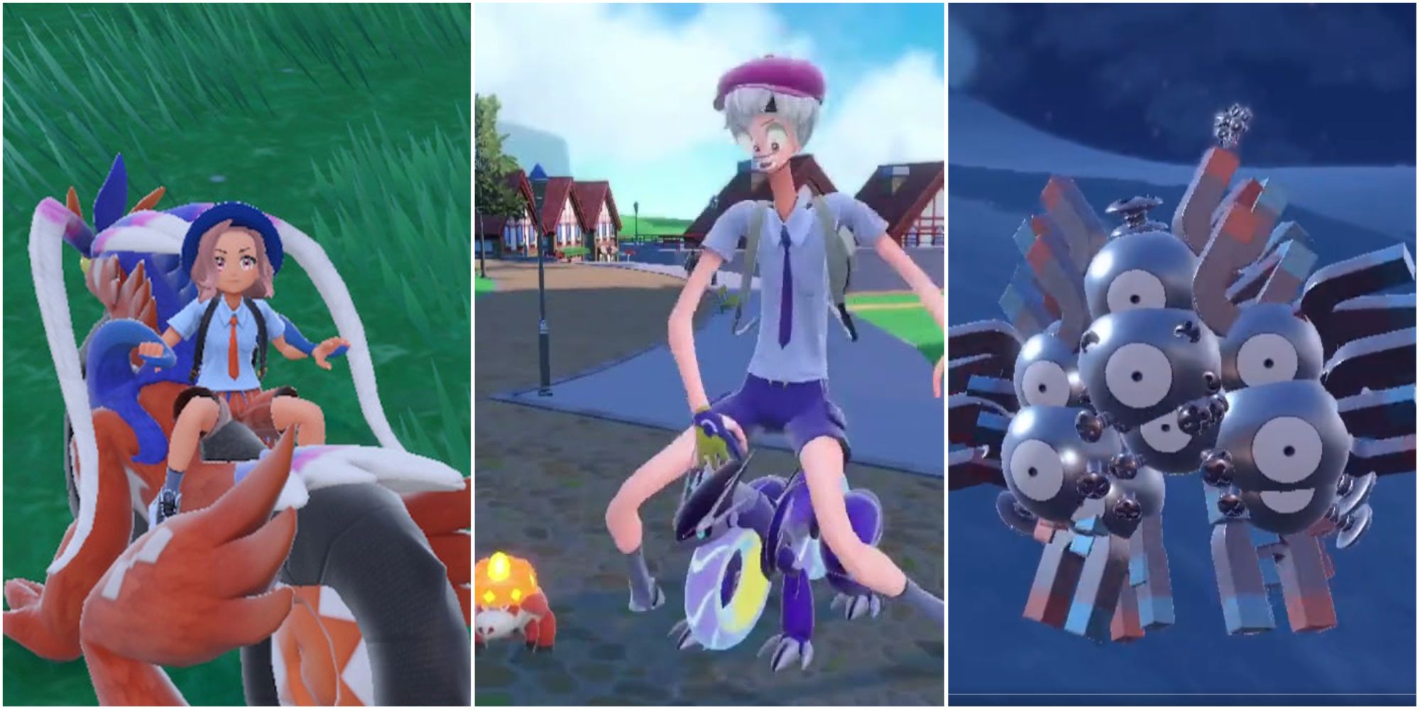 Three-way split grid of glitches from Pokemon Scarlet and Violet