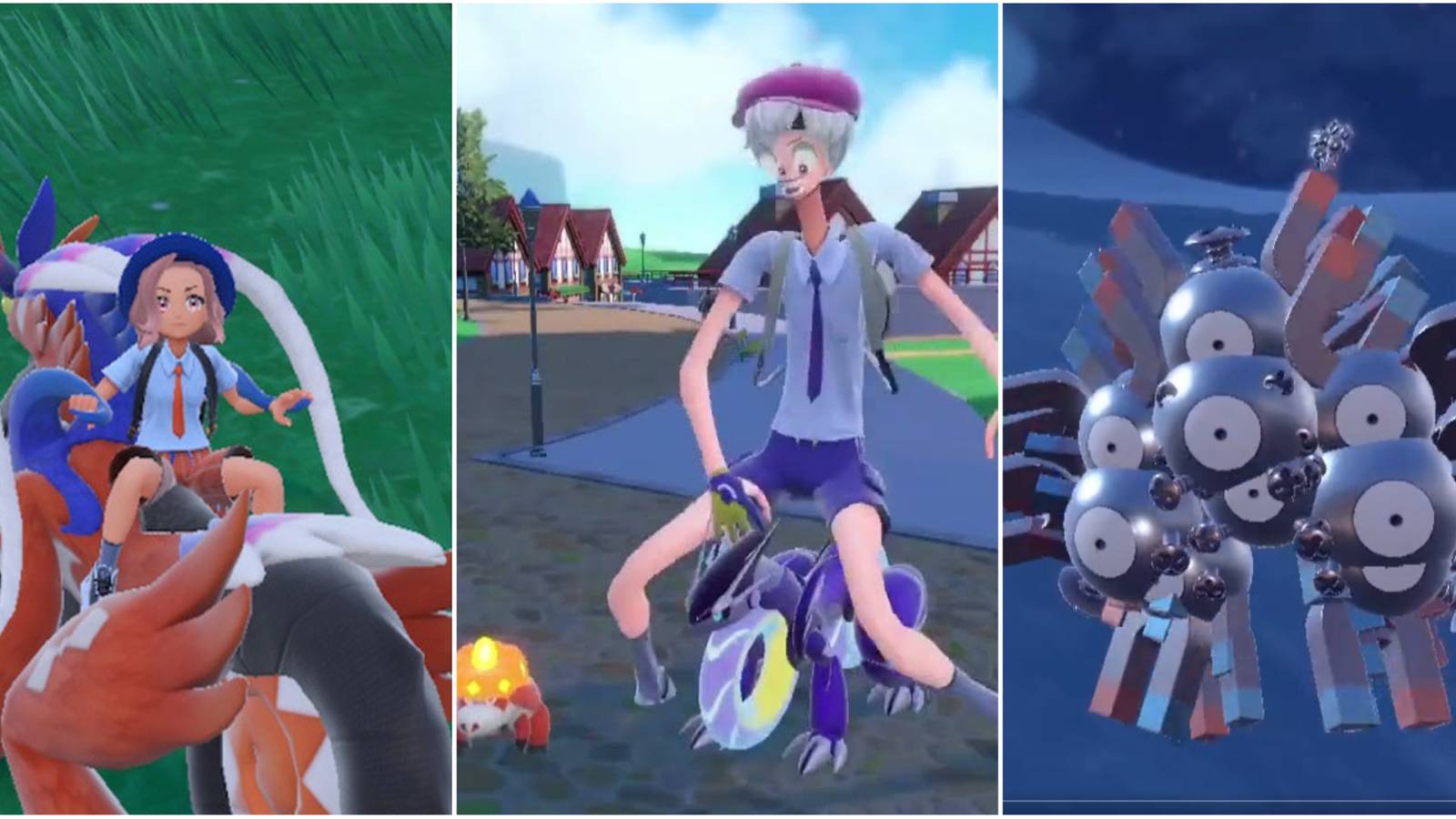 Three-way split grid of glitches from Pokemon Scarlet and Violet