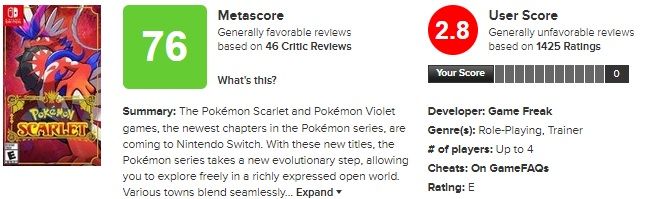 pokemon scarlet metacritic score