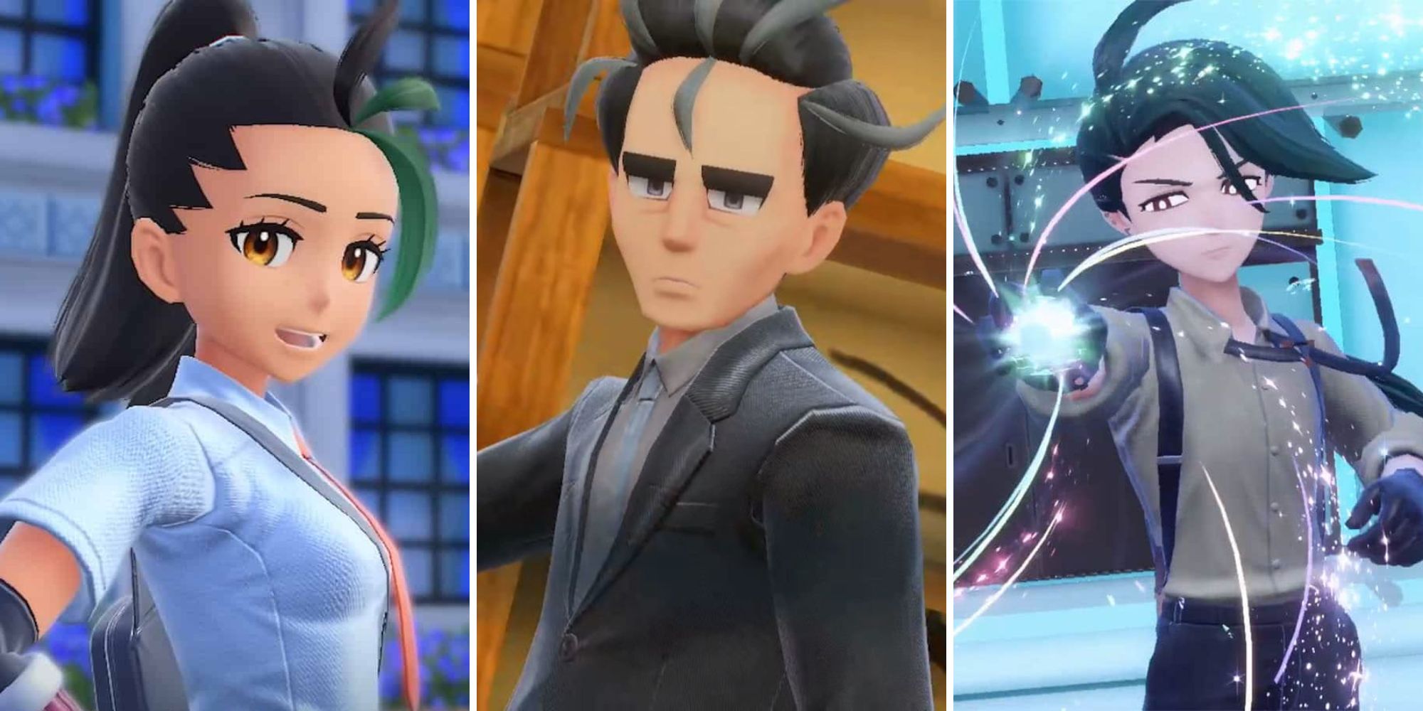 Grid of the characters Nemona, Larry, and Rika from Pokemon Scarlet & Violet 