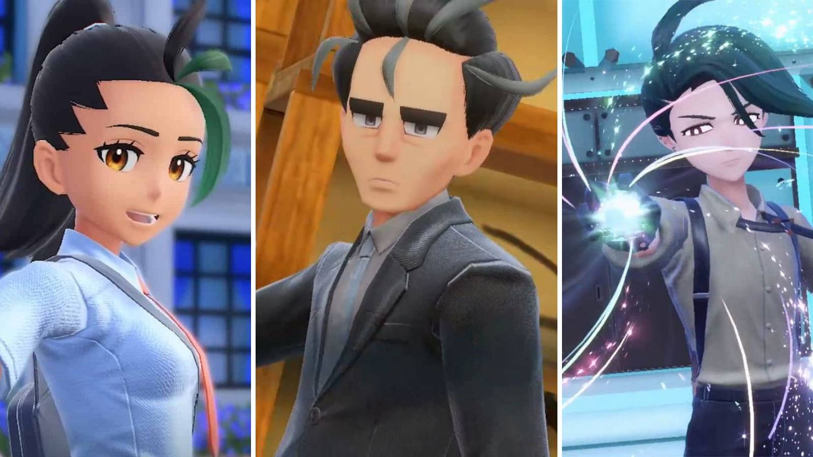 Grid of the characters Nemona, Larry, and Rika from Pokemon Scarlet & Violet 