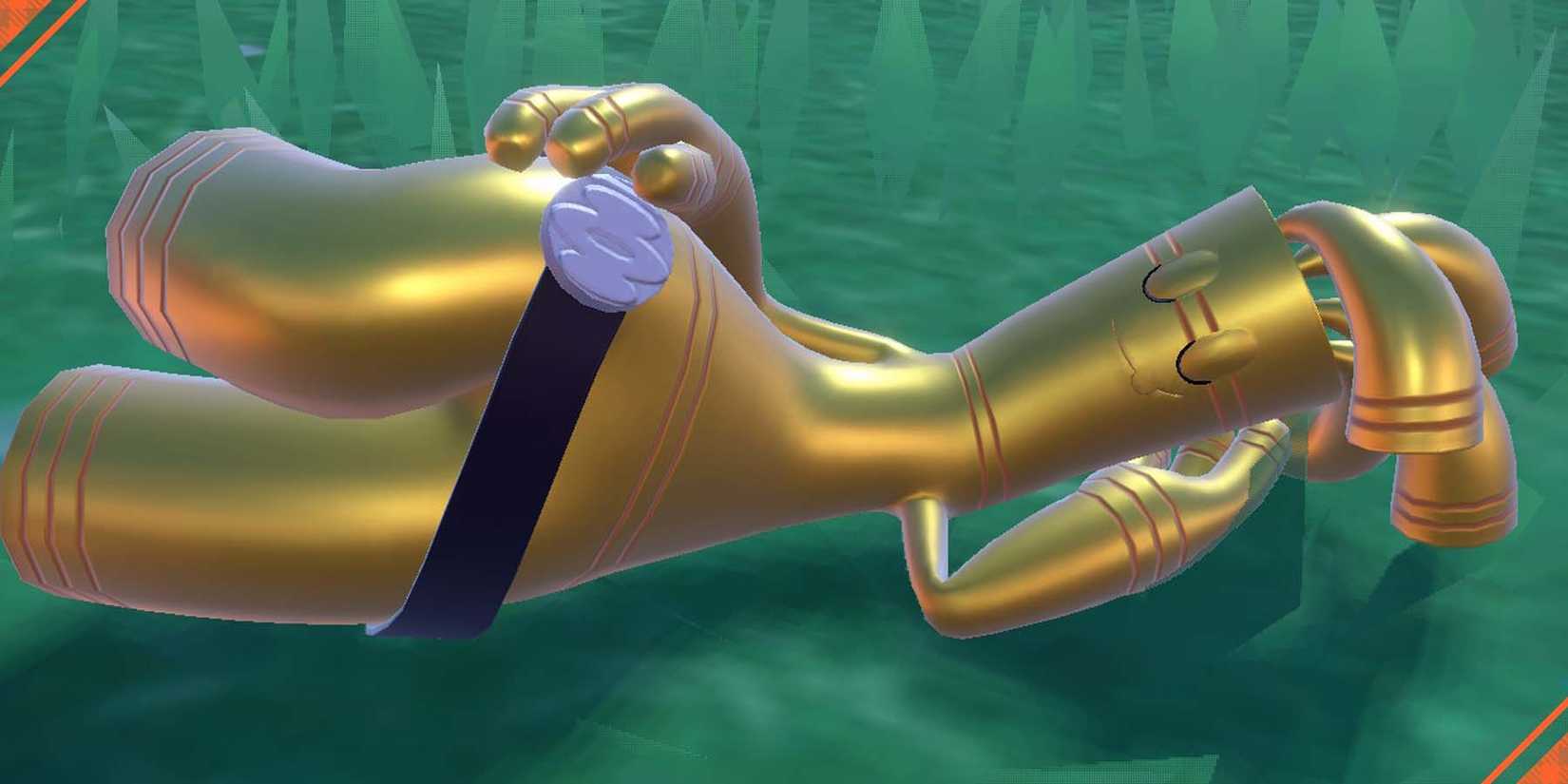 Gholdengo lying down in the grass in Pokemon