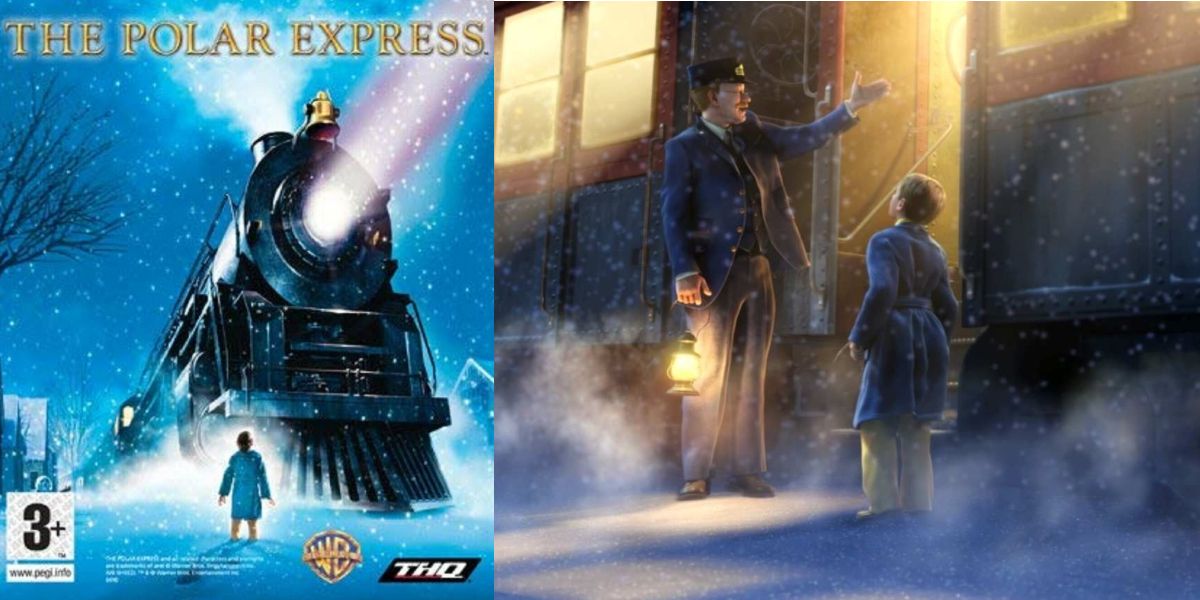 Polar Express video game cover next to Hero Boy and The Conductor boarding the train
