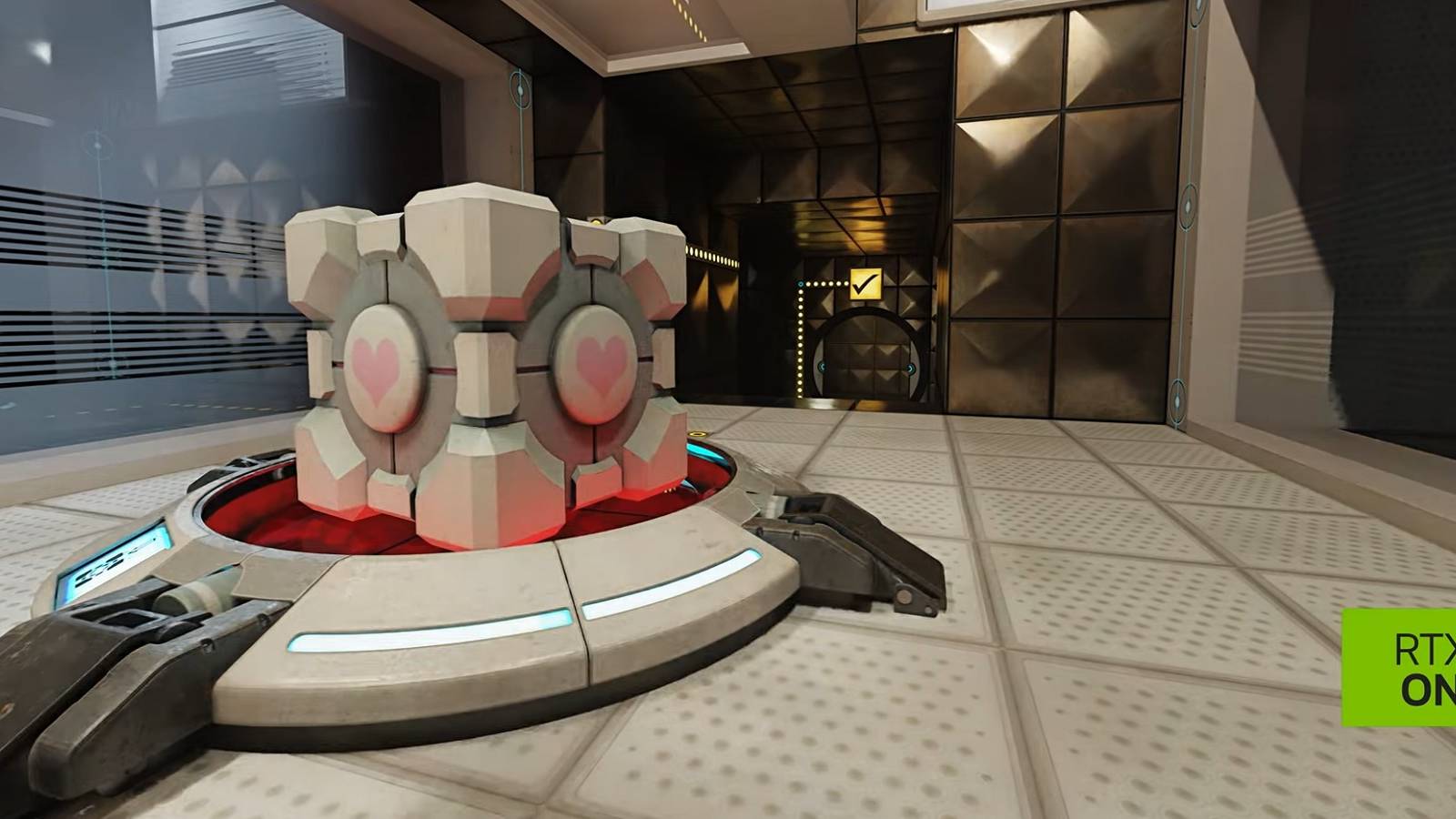 Screenshot from Portal RTX showing the companion cube on a button.