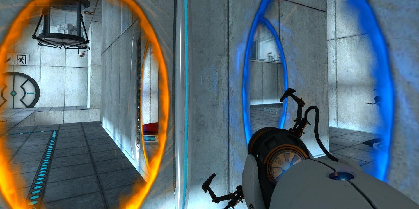 portal player looking at two ends of a portal the set up 