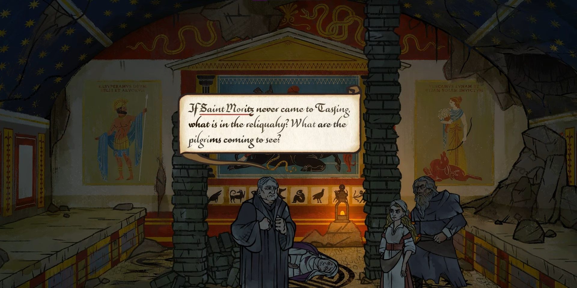 a screenshot from Pentiment in which a priest talks about the origins of the saints