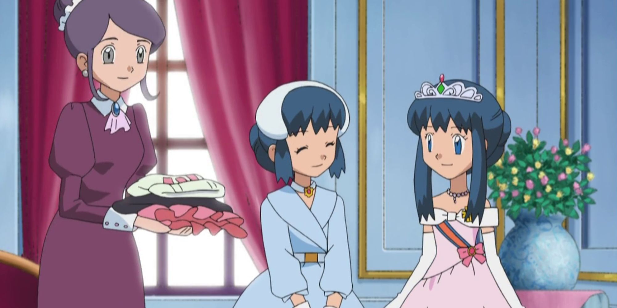 Princess Salvia and Dawn standing next to each other as they talk about how eerily similar they look.