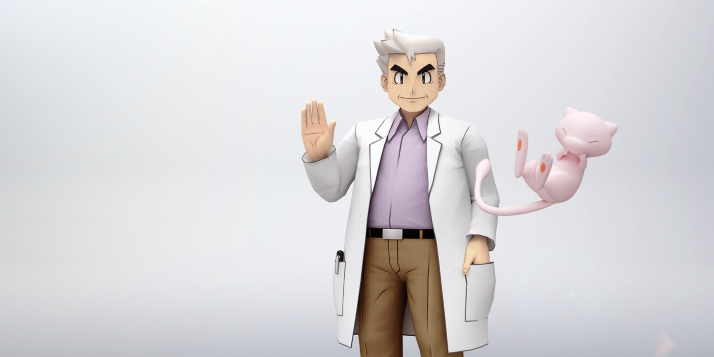 Professor Oak waving as Mew flies around