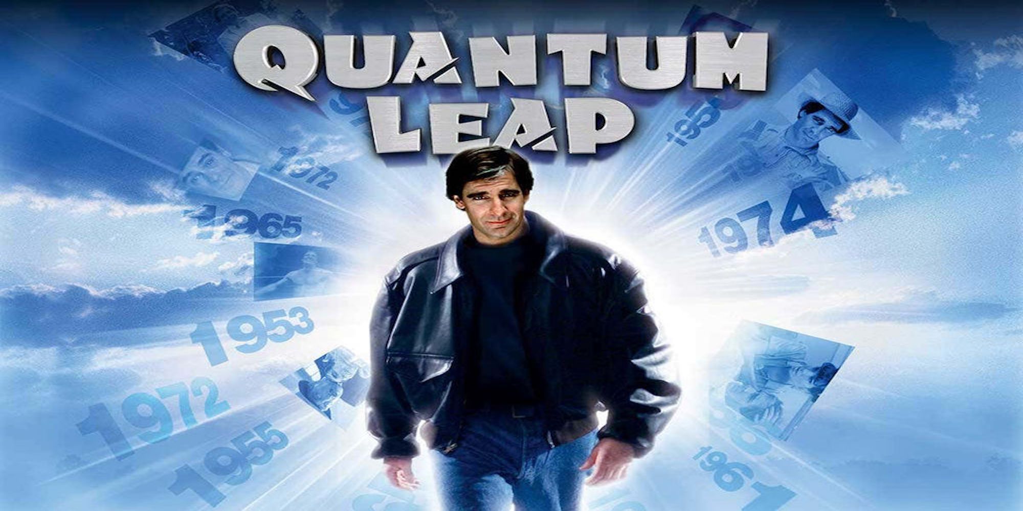 Sam Beckett in leather jacket in Quantum Leap's title poster, surrounded by years and images of the past