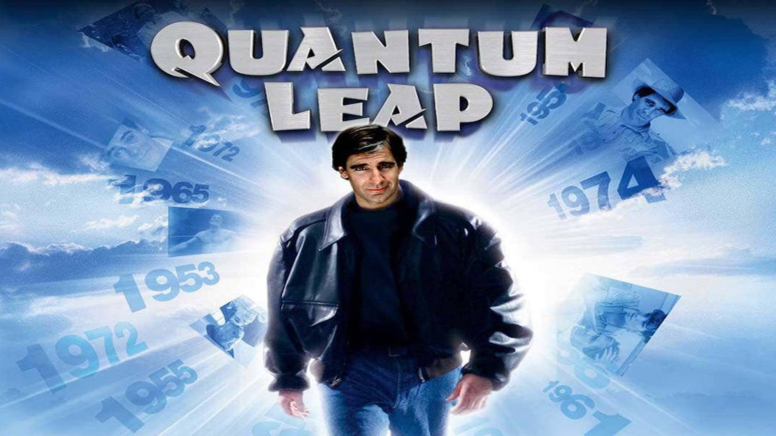 Sam Beckett in leather jacket in Quantum Leap's title poster, surrounded by years and images of the past