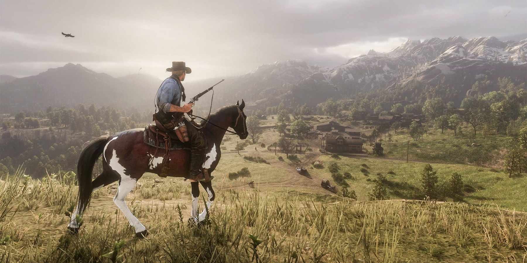 Image from Red Dead Redemption 2 showing Arthur Morgan riding on horseback through a field.
