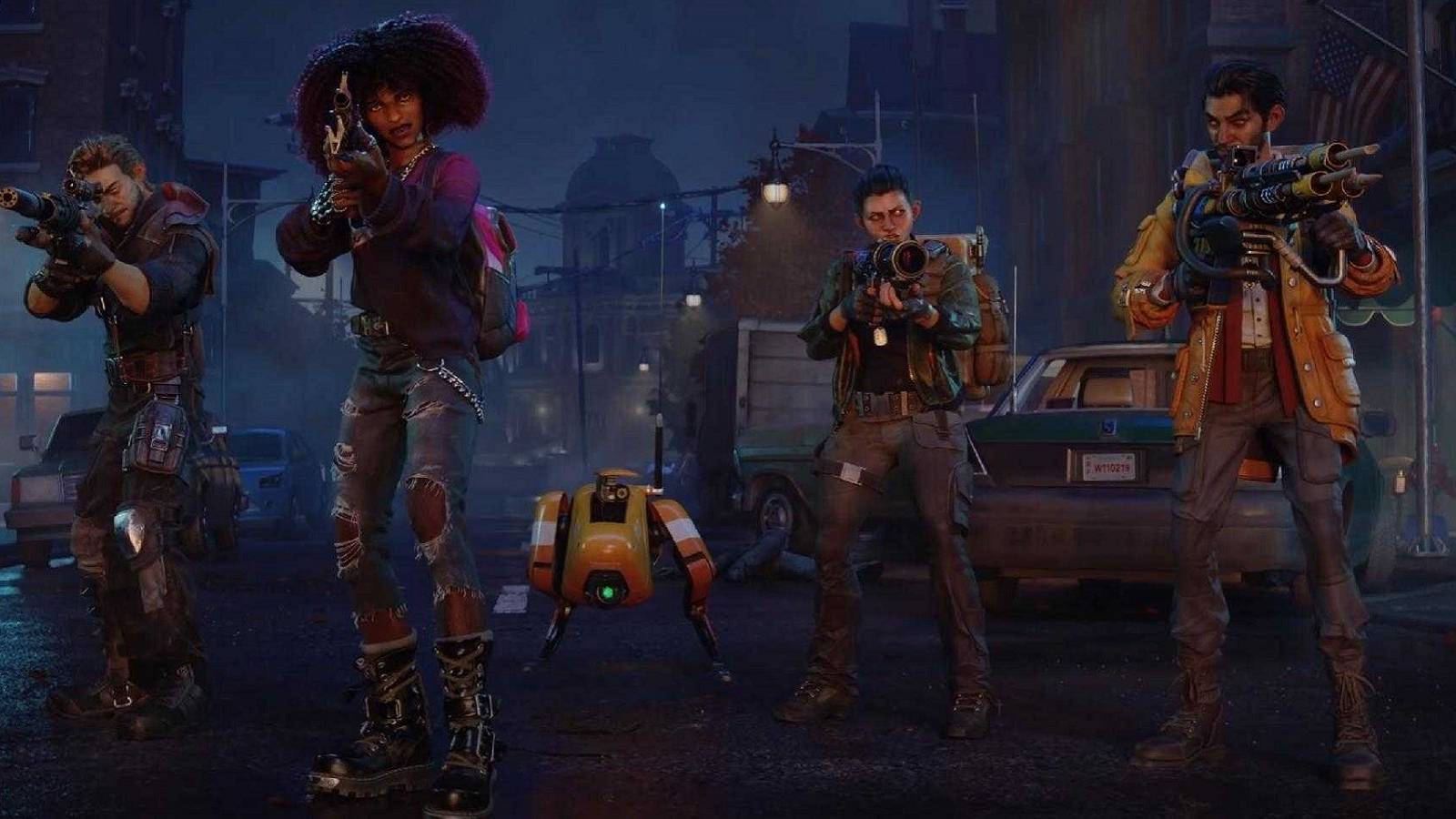 Image from Redfall showing four players pointing their guns towards the camera.