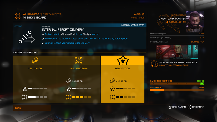 The Reputation reward is highlighted in this mission completion screen