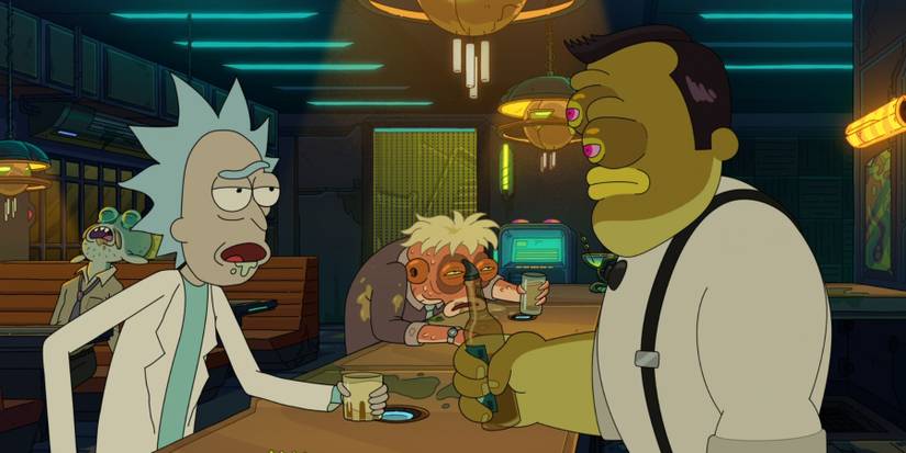 Rick drunk at a bar in Rick and Morty season 6