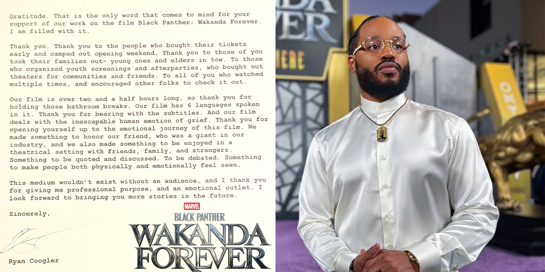 Ryan Coogler Black Panther Wakanda Forever letter