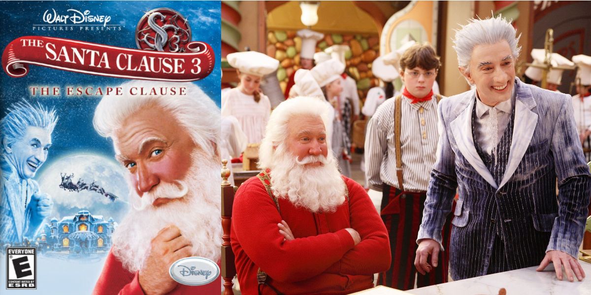 The Santa Clause 3 game cover next to Santa and Jack Frost from the movie