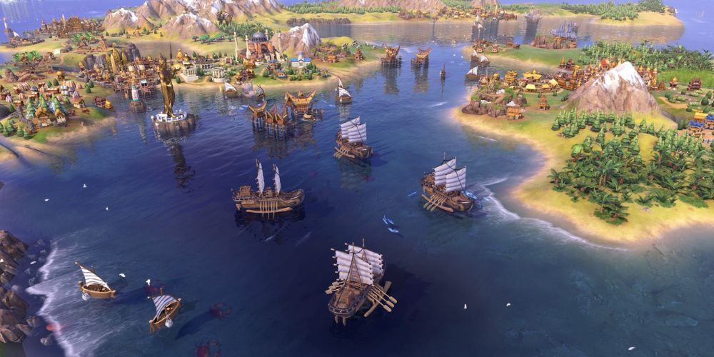 Ships in the ocean near an island city in civilization 6