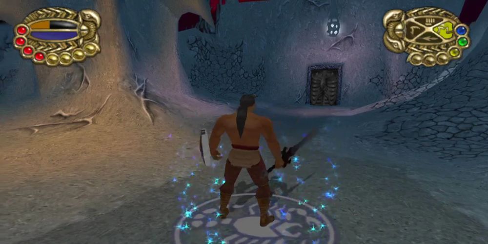 Scorpion King on Scorpion circle holding shield and sword in cave