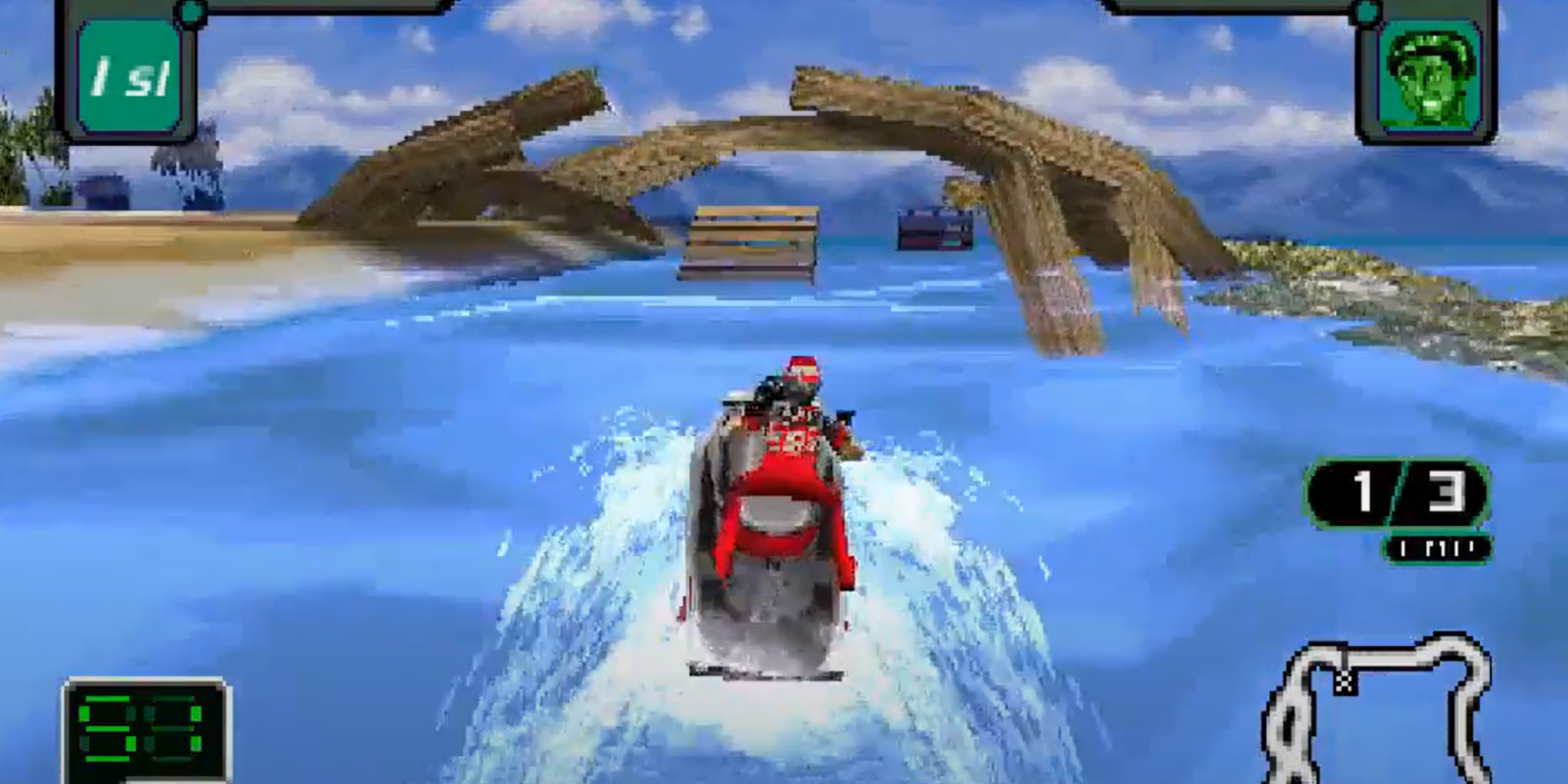 sea-doo hydrocross ps1 showing a jetski racing near a wooden structure