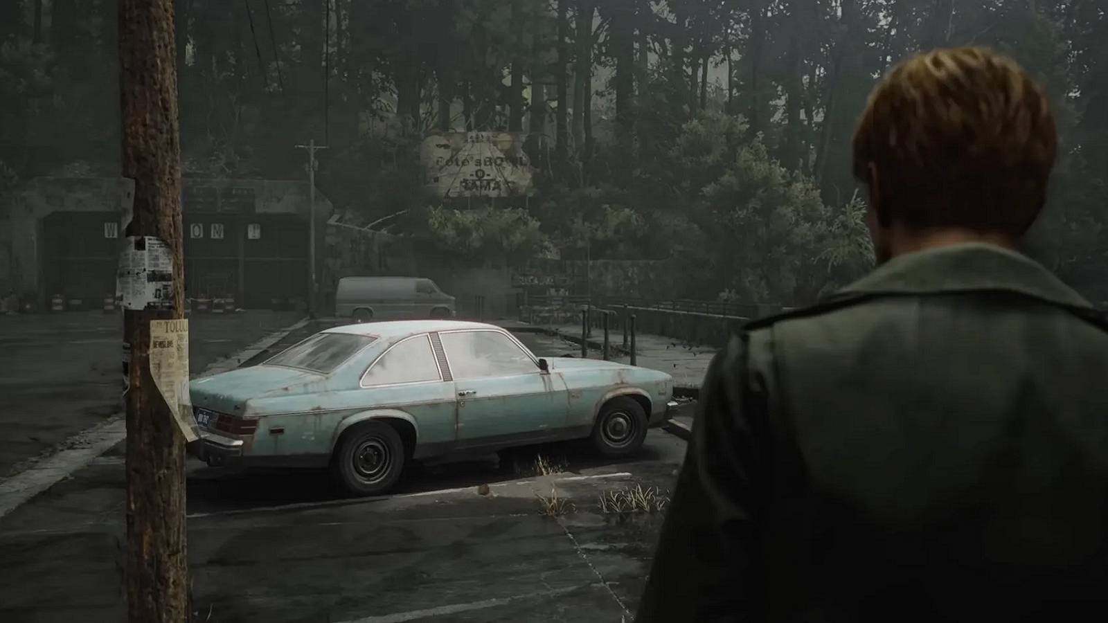 Image from the Silent Hill 2 remake showing James Sunderland looking at a rusty old car.