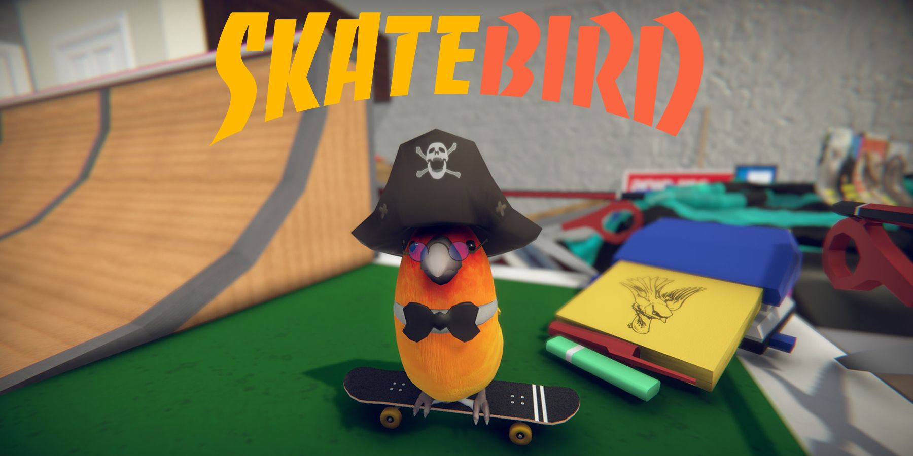 skatebird orange bird in a pirate hat on a skateboard