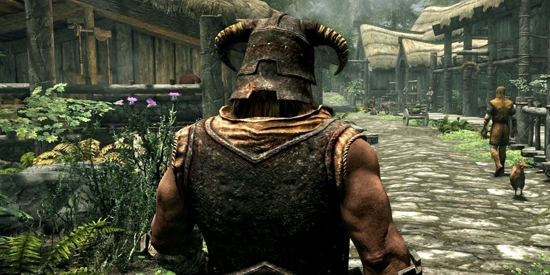 Image from Skyrim showing the Dragonborn walking through Riverwood.