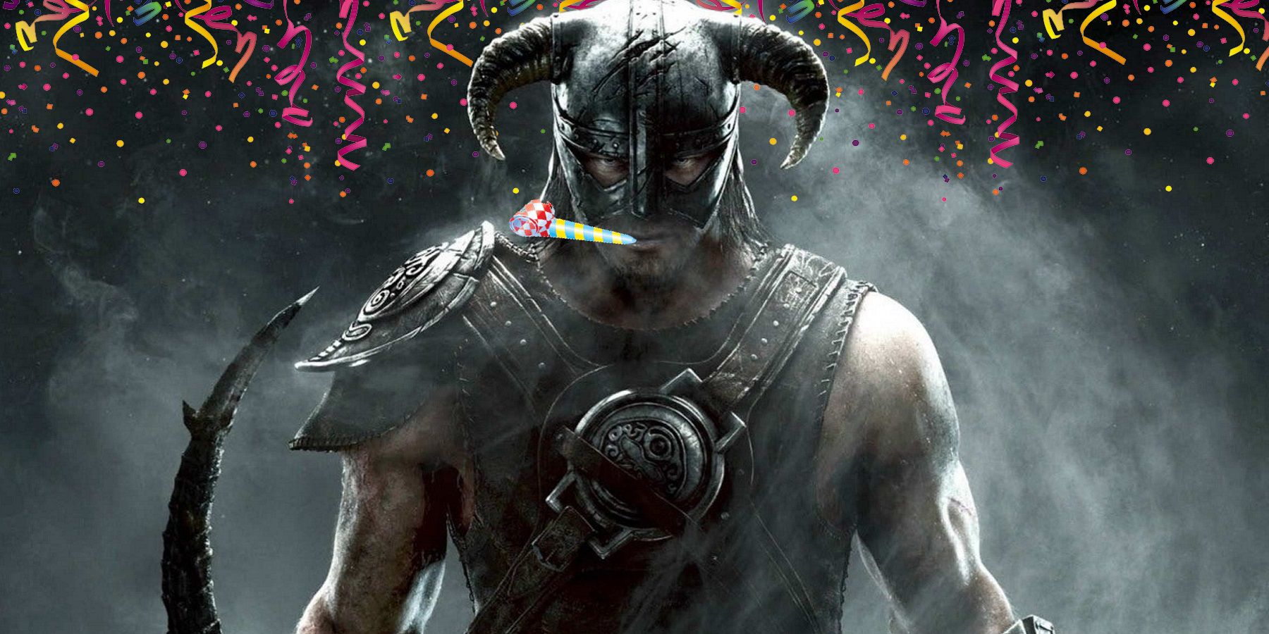 Image from Skyrim showing the Dragonbon blowing a party blower, with streamers behind them.