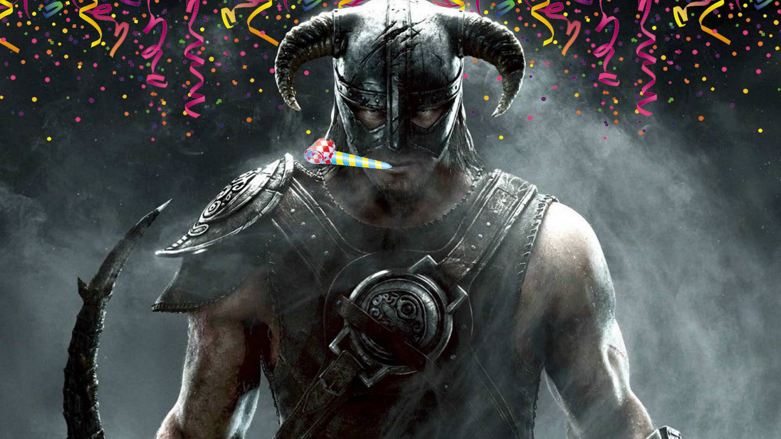 Image from Skyrim showing the Dragonbon blowing a party blower, with streamers behind them.
