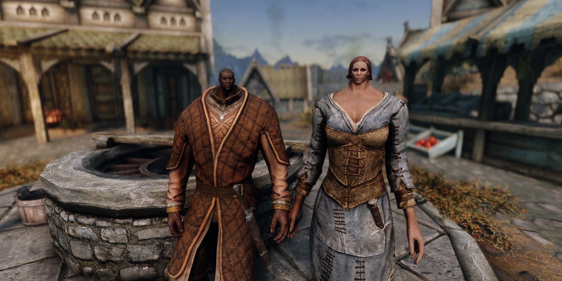 Image from Skyrim showing two characters, including Nazeem, with tiny heads.