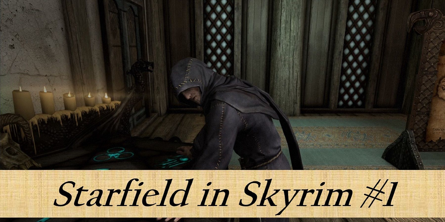 Afbeelding uit Skyrim met een necromancer en tekst onderaan 